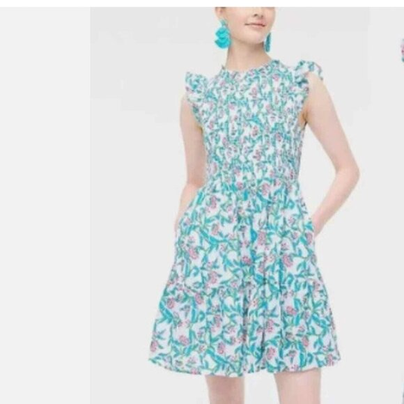 J. Crew Flutter-Sleeve Mini Dress White Frosted Aqua - Picture 1 of 6